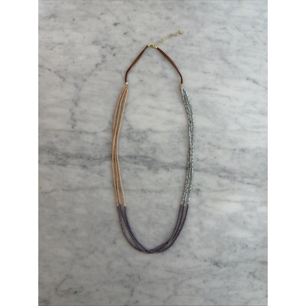 Marlyn Schiff 3 Strand Faceted Beaded Long Necklace Brown Gray Tan Statement